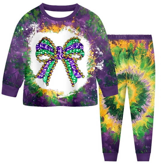 Staki Mardi Gras for Girls Baby Girl St Patricks Day Outfit Toddler Shamrock Embroidery Long Sleeve Sweatshirt Plaid Pants Set Carnival Clothes 2-9Y(Dark Purple,6-7 Years)