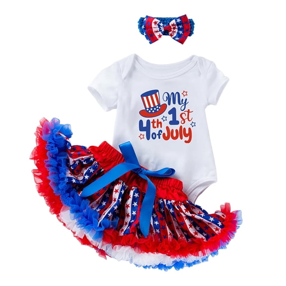 Staki Newborn 4th of July Outfit 4th of July Baby Girl Birthday Outfit American Flag Romper+Ruffle Tulle Skirt+Headband Independence Day 4pcs Set 0-18M(Watermelon Red,3-6 Months)