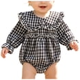 thumbnail image 1 of Staki Newborn Baby Girl Clothes Gingham Plaid Bubble Romper Long Sleeve Ruffle Bodysuit Spring Fall Outfit 0-18M,3-6 Months, 1 of 7
