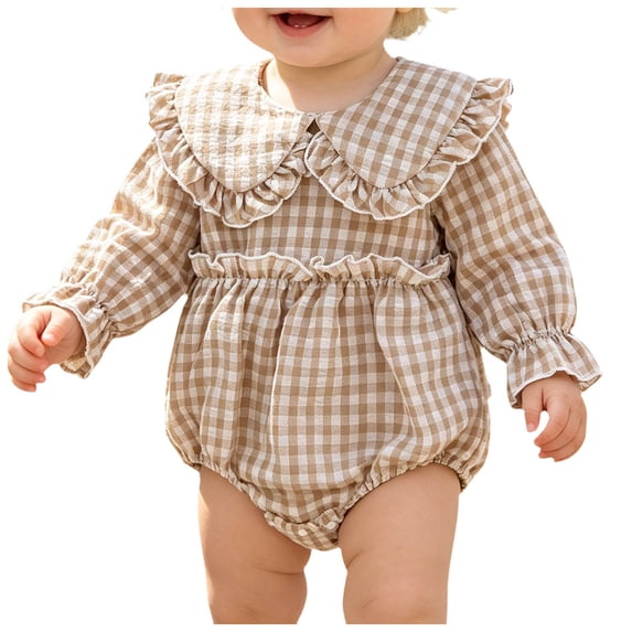 Staki Newborn Baby Girl Clothes Gingham Plaid Bubble Romper Long Sleeve Ruffle Bodysuit Spring Fall Outfit 0-18M,6-12 Months