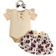 thumbnail image 1 of Staki Newborn Baby Girl Clothes Ribbed Sleeve Romper Top Leopard Ruffle Shorts Bow Headband Infant Summer Outfits 3M 6M 9M Coffee,12-18 Months, 1 of 4