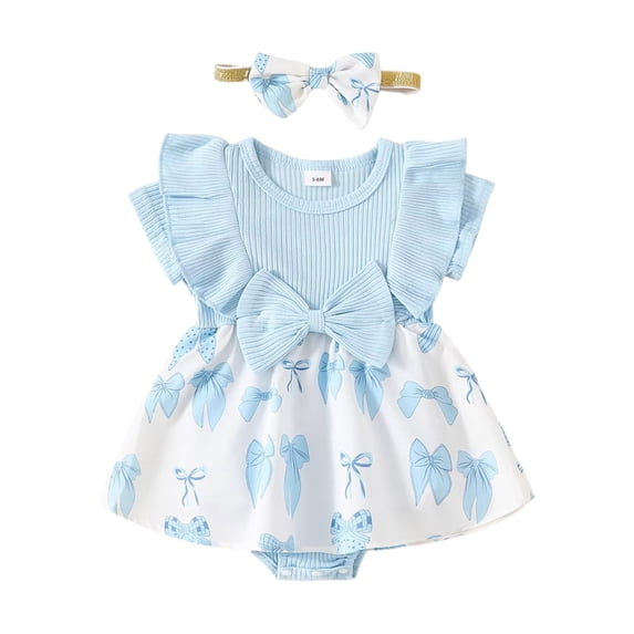 Staki Newborn Baby Girl Clothes Romper Bow Dress Summer Outfits Ruffle Short Sleeve Set 3M 6M 9M Sky Blue,12-18 Months