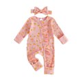 thumbnail image 1 of Staki Newborn Baby Girl Halloween Fall Outfit Bow Print Long Sleeve Full Length Zipper Front Ribbed Jumpsuit Infant Clothes(Red,Newborn), 1 of 4