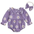 thumbnail image 1 of Staki Newborn Baby Girl Outfit Smocked Bubble Romper Ruffle Long Sleeve Bow Bodysuit Jumpsuit Clothes 0-18M,0-3 Months, 1 of 8