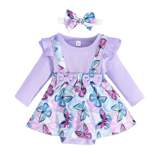 Staki Newborn Baby Girl Romper Dress Long Sleeve Butterfly Print Embroidery Tulle Dresses Jumpsuit Fall Winter Outfits Set 0-18M,9-12 Months