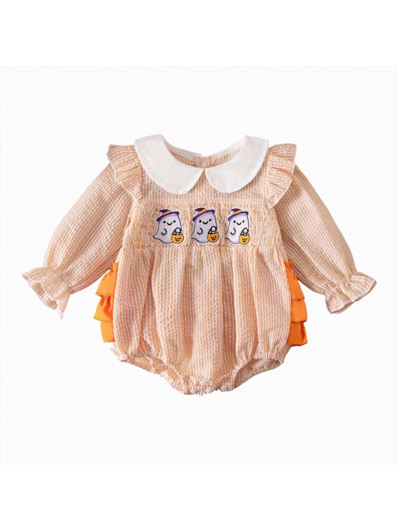 Newborn Baby Girl Smocked Halloween Outfit Infant Plaid Bubble Romper Embroidery Fall Clothes 0-24M(Orange,3-6 Months)