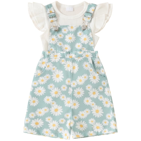 Staki Newborn Baby Girl Summer Clothes Ribbed Ruffle Short Sleeve Shirt Suspender Overall Shorts 2Pc Outfits Toddler Summer Outfits 2T 3T 4T Green,4-5 Years