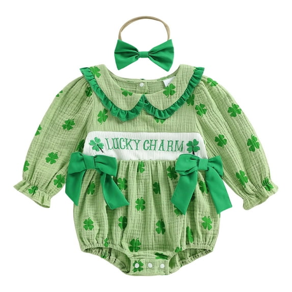 Staki Newborn Baby Girl Valentines Outfit Embroidery Cotton Linen Smocked Bubble Romper Long Sleeve Bodysuit St Patricks Day Baby Girl Jumpsuits 0-18M(Green,6-12 Months)