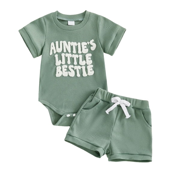 Staki Newborn Girl Outfits Infant Baby Girl Clothes Newborn Summer Outfits Ribbed Knit Short Sleeve Romper Shorts Set 0-3M,6M,12M,18M(Green,12-18 Months)
