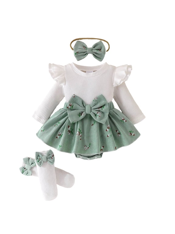 Newborn Girl Romper Dress Long Sleeve Ribbed Bodysuit with Headband Winter Clothes Infant Baby Cute Outfit 0-12M,3-6 Months