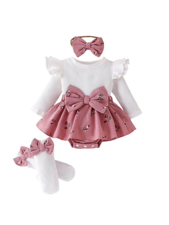 Newborn Girl Romper Dress Long Sleeve Ribbed Bodysuit with Headband Winter Clothes Infant Baby Cute Outfit 0-12M,6-9 Months