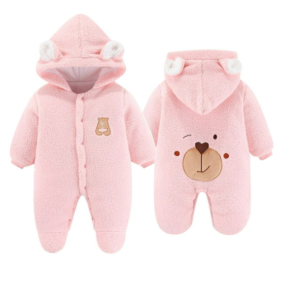 Staki Onesies Girl Fluffy Baby Girl Winter Romper Onesie Plush Hooded Long Sleeve Jumpsuit Bodysuit Fall Clothes(Pink,0-3 Months)