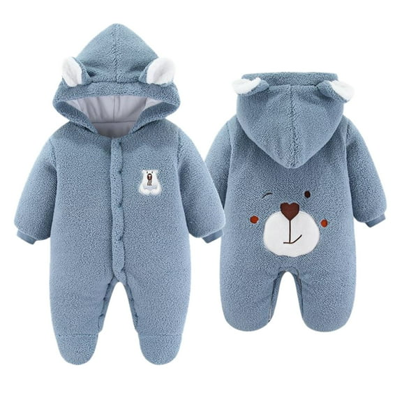 Staki Newborn Outfits Baby Girl Newborn Fluffy Baby Girl Winter Romper Onesie Plush Hooded Long Sleeve Jumpsuit Bodysuit Infant Fall Clothes(Blue,6-12 Months)