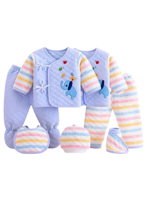 Newborn Preemie Boy Girl 7Pcs Unisex Newborn Baby Cotton Layette Outfit Set Newborn to 3 Months Essentials and Accessories Gifts Layette Set(Light Blue,0-3 Months)