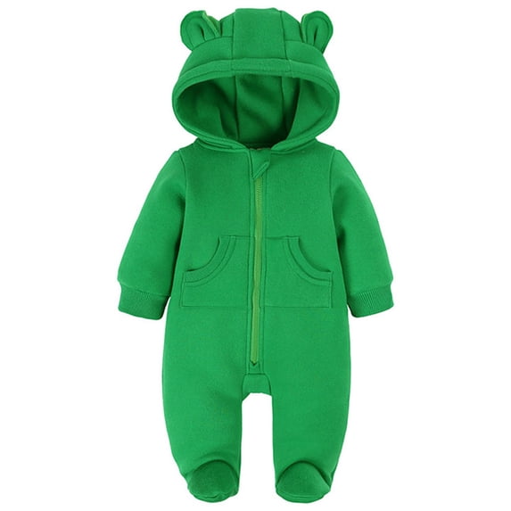 Staki Newborn Winter Snowsuit Baby Girl Bear Ear Fleece Hooded Romper Infant Footie Jumpsuit Outwear Coats 0-24M(Green,3-6 Months)