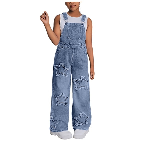 Staki Overalls for Girls Jeans Girls' Casual Sleeveless Jumpsuits Spaghetti Strap Loose Romper Long Pants with Pockets 7-9Y 10-16Y(Blue,9-10 Years)