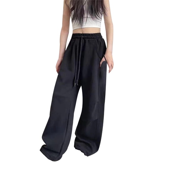 Staki Pants for Girls Girls Wide Leg Sweatpants Drawstring Baggy Pants Girls Athletic Joggers Pants with Pockets(Black,10-11 Years)