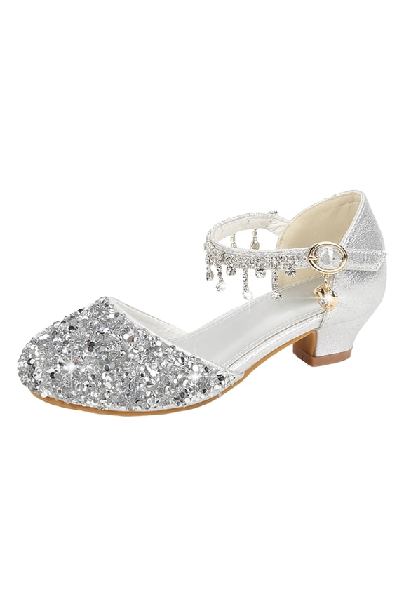Party Shoes for Girls Girls Dress Shoes Glitter Shoes Sequins Rhinestones Bowknot Princess Low Heels Mary Jane Footwear Heels for Girls Silver,12 Little Kid