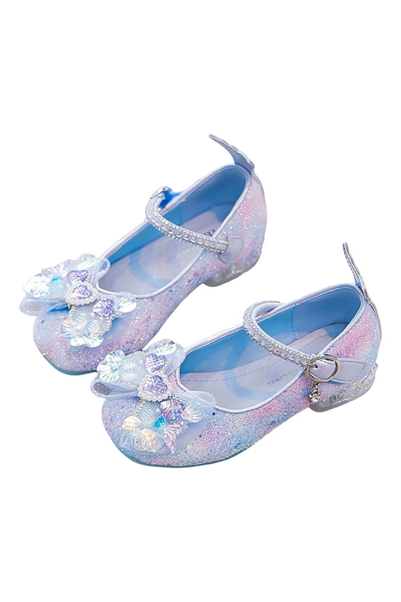Princess Shoes Girls Sandals Glitter Wedding Party Princess Dress Shoes Flower Girl Low Heel Mary Jane Pumps for Kids Blue,2.5 Big Kid