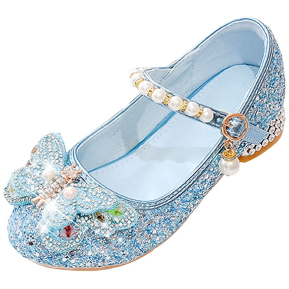 Staki Princess Shoes Toddler Girls Sandals Glitter Wedding Party Princess Dress Shoes Flower Girl Low Heel Mary Jane Pumps for Kids Blue,13.5 Little Kid