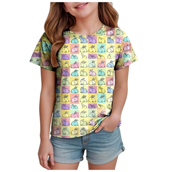 Staki Rabbit Short Sleeve Tops Easter Shirts for Toddler Girls Bunny T-Shirt Graphic Tees Kids Rabbit Tops Egg Easter Day Gift 1-9Y 10-13Y(Yellow,12-13 Years)