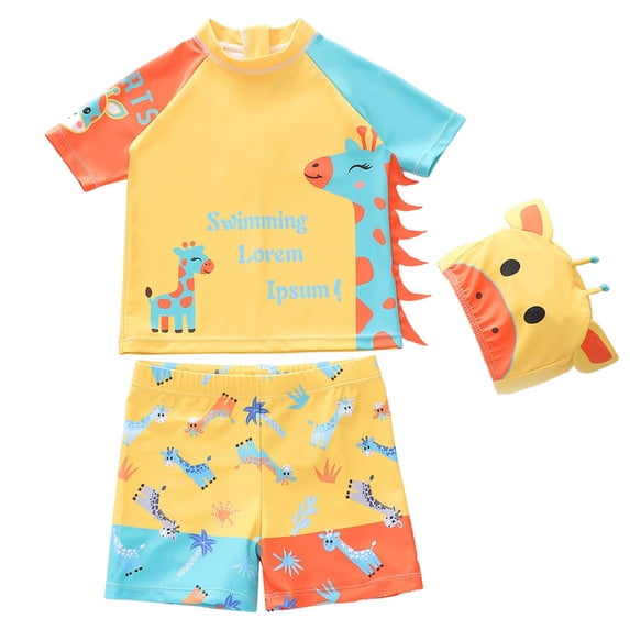 Staki Rash Guard Sets Boys Swim Set - 2 Piece Quick Dry Protection Kids Rash Guard Short Sleeve Swim Shirt and Swimming Trunks 2T 3T 4T Yellow,5-6 Years