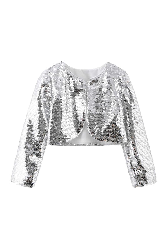 Sequin Bomber Jacket Kids Girls' Ombre Sequin Bomber Jacket with Pockets Lightweight Sparkle Long Sleeve Zipper Jackets for Kid(Silver,3-4 Years)