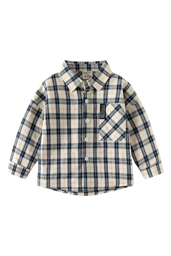 Shirts for Boys Boys' Button-Down Shirts Plaid Long Sleeve for Toddler Kids(Beige,5-6 Years)