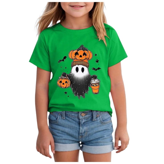 Staki Short Sleeve Halloween Shirt Halloween T-Shirt for Girls Retro Cotton Short Sleeve Tee for Girls(Green,2-3 Years)