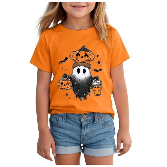 Staki Short Sleeve T-Shirts Kids Halloween Shirt Girls Graphic T Shirt Season T-Shirt Halloween Short Sleeve Tops(Orange,9-10 Years)