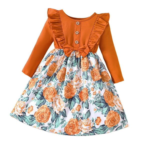 Staki Skater Girl Clothes Girls Long Sleeve Dress for Kids Girls Casual Dresses(Orange,18-24 Months)