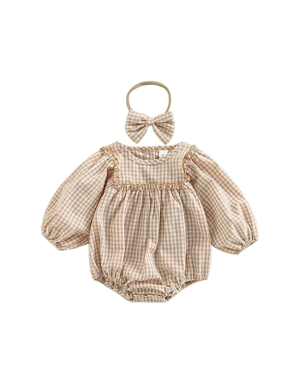Smocked Baby Girl Clothes Newborn Girl Bubble Romper Long Sleeve Jumpsuit And Headband Outfit Cute Infant Clothing 0-18M,12-18 Months