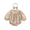 thumbnail image 1 of Staki Smocked Baby Girl Clothes Newborn Girl Bubble Romper Long Sleeve Jumpsuit And Headband Outfit Cute Infant Clothing 0-18M,3-6 Months, 1 of 9
