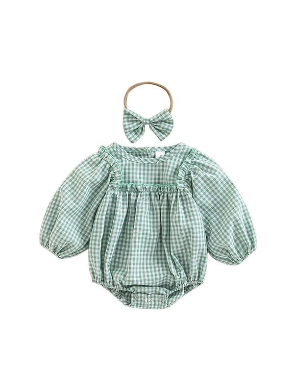 Smocked Baby Girl Clothes Newborn Girl Bubble Romper Long Sleeve Jumpsuit And Headband Outfit Cute Infant Clothing 0-18M,6-12 Months