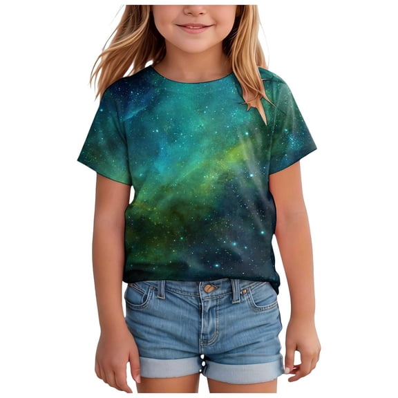 Staki Space Shirts for Girls Girls 3D Graphic Shirts Cool Crewneck T-Shirt Girls Short Sleeve Top Tees 1-5T 6-10Y 11-13Y(Dark Blue,10-11 Years)