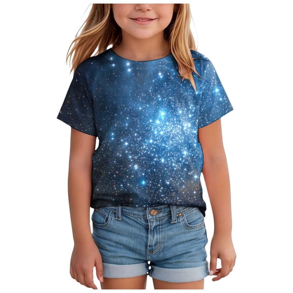 Staki Space Shirts for Kids Girls Star Pattern Short Sleeve Casual T-Shirt Crewneck Tees 1-5T 6-10Y 11-13Y(Light Blue,8-9 Years)