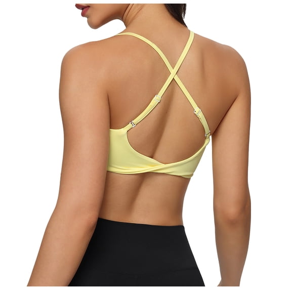 Staki Sports Bras for Women Padded Medium Support Criss Cross Strappy Bra Seamless High Impact Yoga Exercise Athletic Bras(Light Yellow,S)