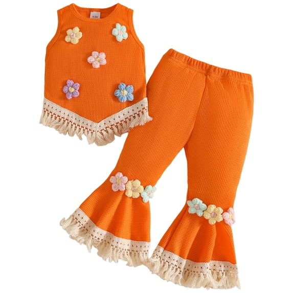 Staki Spring Outfits for Girls Girls' Pant Sets 2 Piece Summer Outfit Kids Toddler Solid Ruffle Sleeveless Crop Tank Top and Trouser Set 6-24M 2-3Y(Orange,9-12 Months)