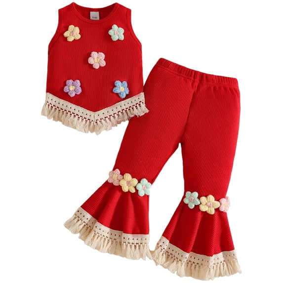 Staki Spring Outfits for Girls Girl's 2 Piece Set Ruffle Trim Cami Tops with Waist Wide Leg Pants 6-24M 2-3Y(Red,2-3 Years)