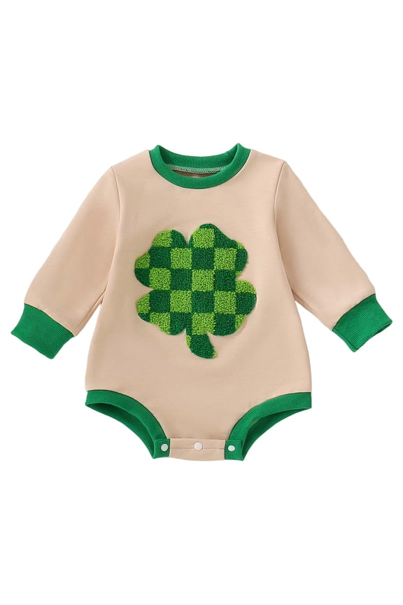 St Patricks Day Baby Girl Outfit Cute Shamrock Smocked Bubble Romper Bodysuit Infant Spring Clothes St. Patrick's Romper(Beige,6M)