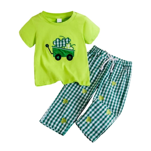 Staki St Patricks Day Baby Girl Outfit Short Sleeve Tops Plaid Flared Pants Set Toddler Girl Irish Clothes St Patricks Day Baby Girl Outfit 12-24M 2-4Y(Green,2-3 Years)