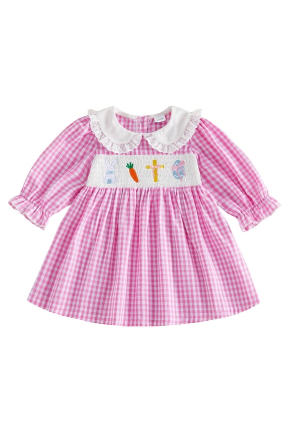 St Patricks Day Outfit Toddler Girl Easter Dress Bunny Bow Embroidered Long Sleeve Smocked Doll Collar Plaid Dresses for Spring Fall 6-24M 2-5Y(Red,6-12 Months)