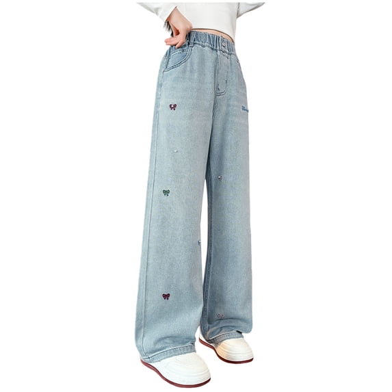 Staki Star Pants Girls Jeans, Ribbed Elastic Waist Embroidered Denim Pants 5-9Y 10-16Y(Light Blue,5-6 Years)
