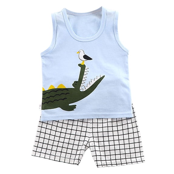 Staki Summer Outfits for Boys Toddler Baby Boy Outfits Shorts Sleeve Summer Beach T Shirts + Shorts Clothing Set 3-24M 2-4Y(9-18 Months,Blue)