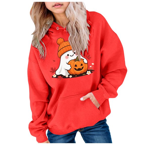 Staki Sweatshirts for Girls Fall Trendy Pullover Long Sleeve Halloween Cute Kids Pumpkin Pattern Hoodies Hoodies for Teen Girls(Red,4-5 Years)