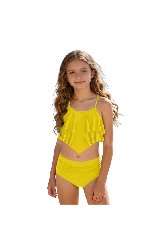 Swim Suit for Girls Girls Swimsuit V-Neck Solid Color 2 Piece Bikini Set Teen Girl Bathing Suits 12-16Y(Yellow,12-13 Years)