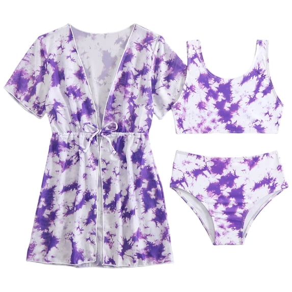 Staki Swim Suits Dresses for Teen Girls Girls Swimsuit 3 Piece Tropical Print Bikini Set Criss Cross Bathing Suit with Drawstring Quick Dry Cover Up 6-9Y 10-13Y(Purple,12-13 Years)