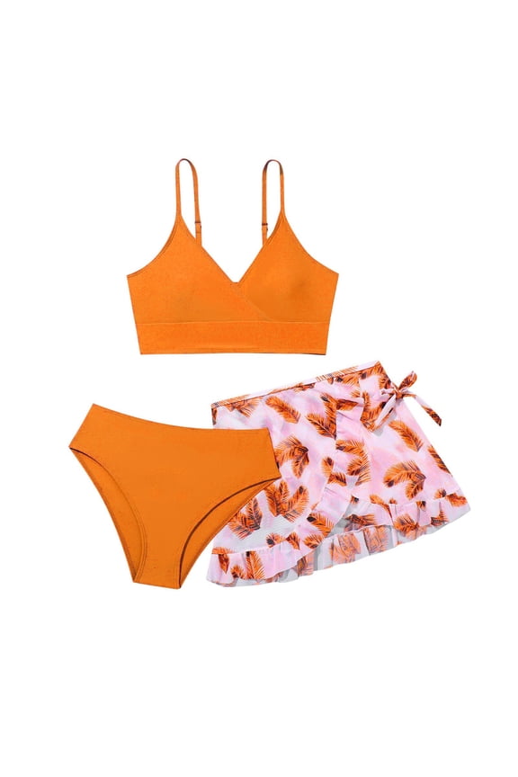 Swimming Suit for Girls Girl's 3 Piece Swimsuits Textured Bathing Suit with Sarong Cover Up Skirt 8-10Y 11-18Y(Orange,11-12 Years)