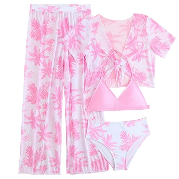 Staki Swimsuit Cover up Teen Girls Swimsuit 4 Piece Tropical Print Bikini Set Criss Cross Bathing Suit with Drawstring Quick Dry Cover Up 7-12Y(Pink,8-9 Years)