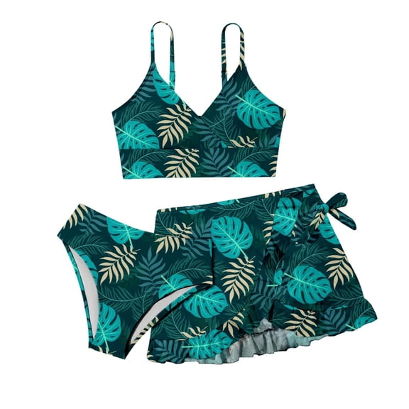 Staki Swimsuit for Girls Girls Swimsuit Shoulder Straps with Chest Pad Bikini with Cover Up Skirt 3 Piece Bathing Suit for Teen Girl 8-14Y(Dark Green,13-14 Years)
